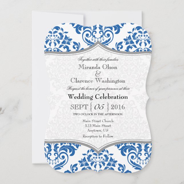 Blue Gray Damask Bracket Wedding Invite (Front)