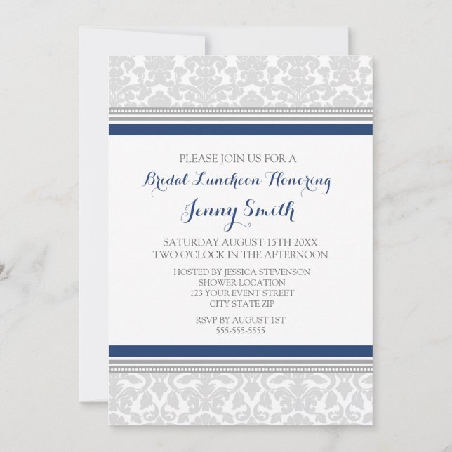 Blue Gray Damask Bridal Lunch Invitation Cards (Back)
