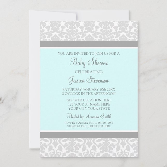 Blue Gray Damask Custom Baby Shower Invitations (Back)