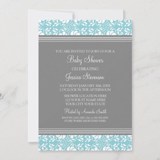 Blue Gray Damask Custom Baby Shower Invitations (Back)