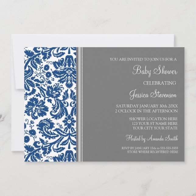 Blue Gray Damask Custom Baby Shower Invitations (Back)