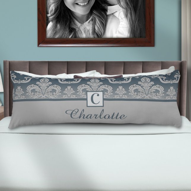  Blue Gray Damask Monogram Personalized Name  Body Pillow (Creator Uploaded)