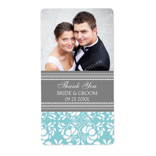 Blue Gray Damask Photo Wedding Labels (Front)