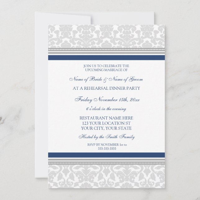 Blue Gray Damask Rehearsal Dinner Party Invitation (Back)