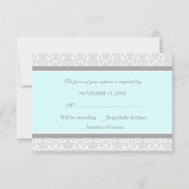 Blue Gray Damask RSVP Wedding Card (Front)