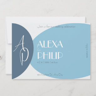 Blue, gray, dark blue modern elegant wedding invitation
