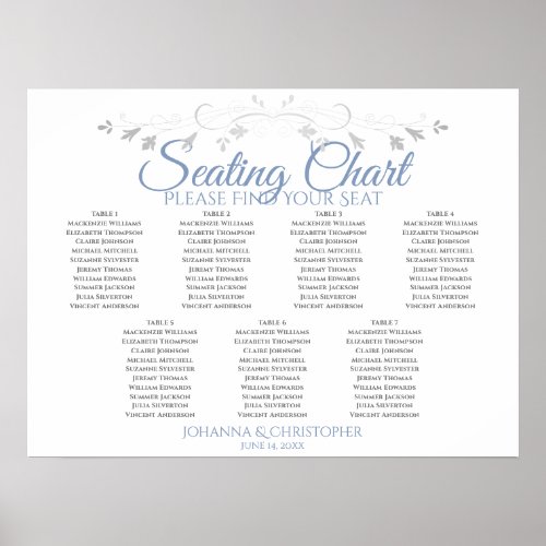 Blue  Gray Elegant 7 Table Wedding Seating Chart