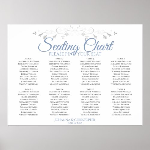 Blue  Gray Elegant 8 Table Wedding Seating Chart