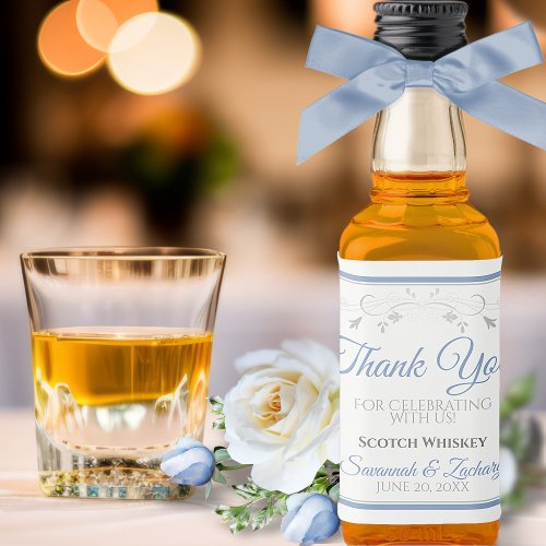 Blue  Gray Elegant Simple Wedding Thank You Mini Liquor Bottle Label