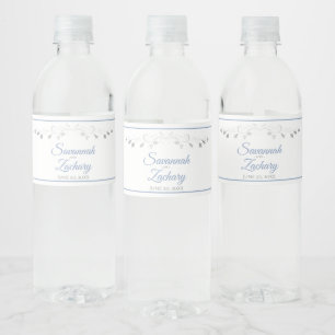 Blue & Gray Elegant Vintage Border Wedding Water Bottle Label