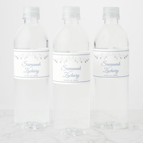 Blue  Gray Elegant Vintage Border Wedding Water Bottle Label