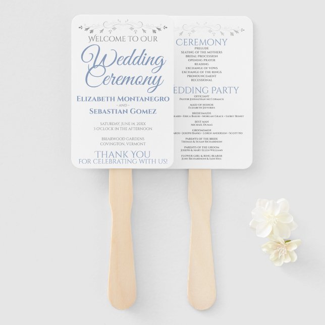 Blue & Gray Elegant Wedding Fans with Program (Front and Back)