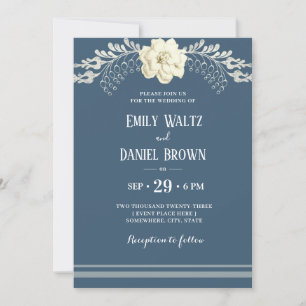 Blue Gray Elegant White Camellia Wedding Invitation