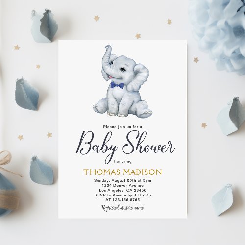 Blue Gray Elephant Baby Boy Shower Invitation