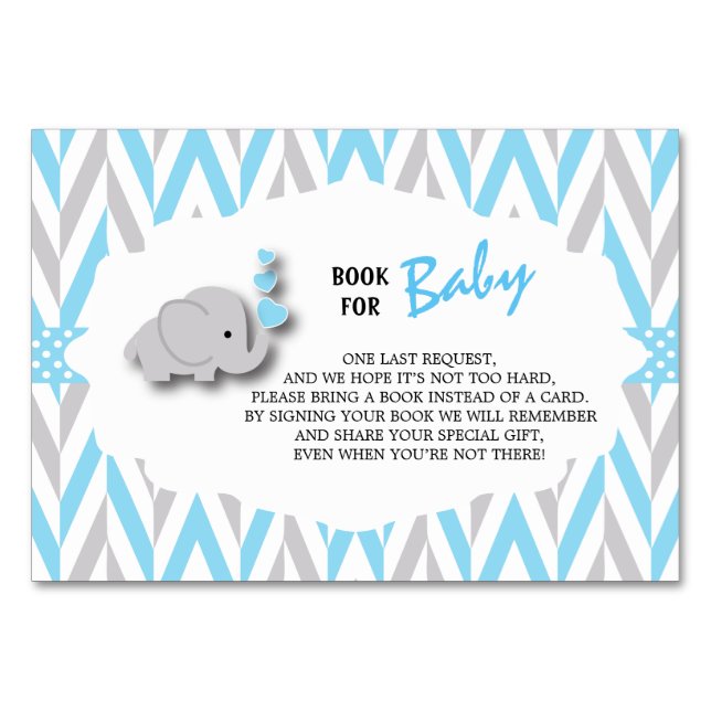 Blue & Gray Elephant Baby Shower | Bring a Book Table Number (Front)