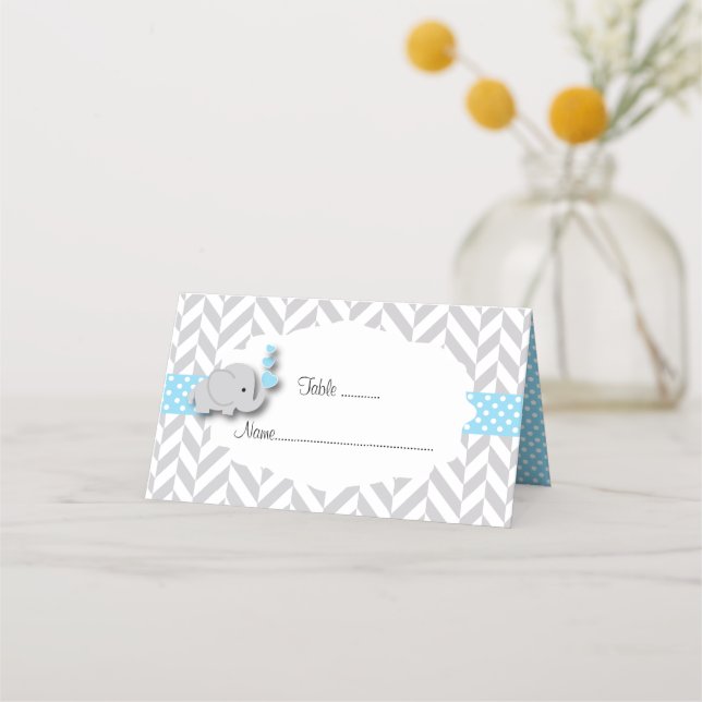 Blue & Gray Elephant Baby Shower | Doubled-Sided Place Card (Front)