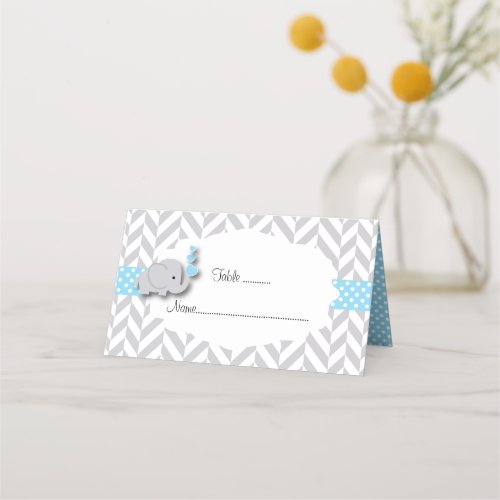 Blue  Gray Elephant Baby Shower  Doubled_Sided Place Card