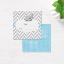 Blue & Gray Elephant Baby Shower Flat Place Card