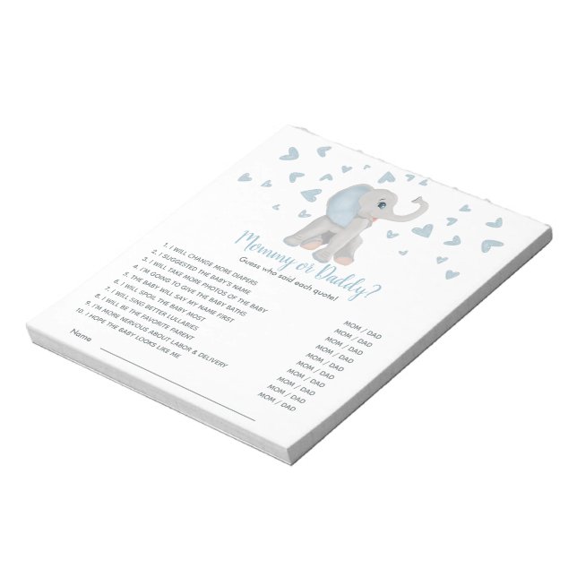 Blue Gray Elephant Baby Shower Game Guess Who Notepad (Rotated)