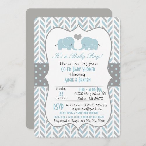 Blue Gray Elephant Baby Shower Invitation