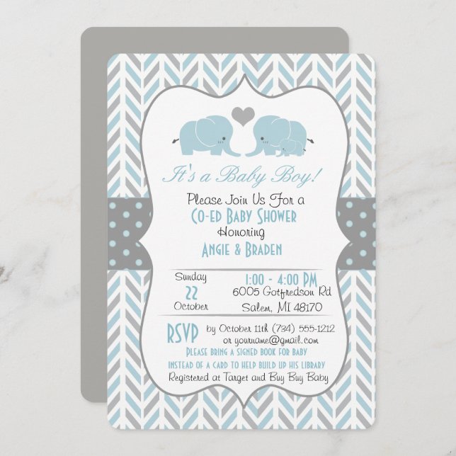 Blue Gray Elephant Baby Shower Invitation (Front/Back)
