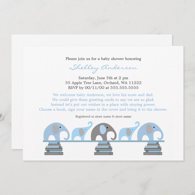 Blue Gray Elephant Baby Shower Invitations (Front/Back)
