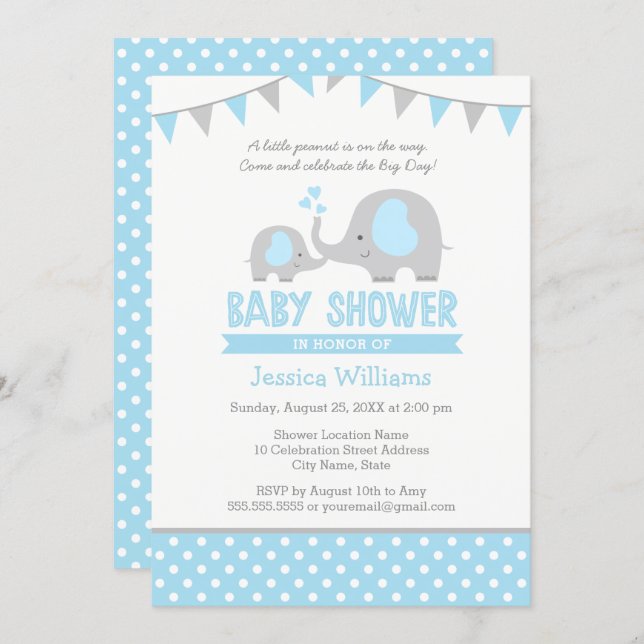 Blue Gray Elephant Baby Shower Invitations for Boy (Front/Back)