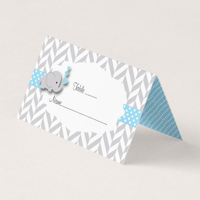 Blue & Gray Elephant Baby Shower | Place Cards (Front)