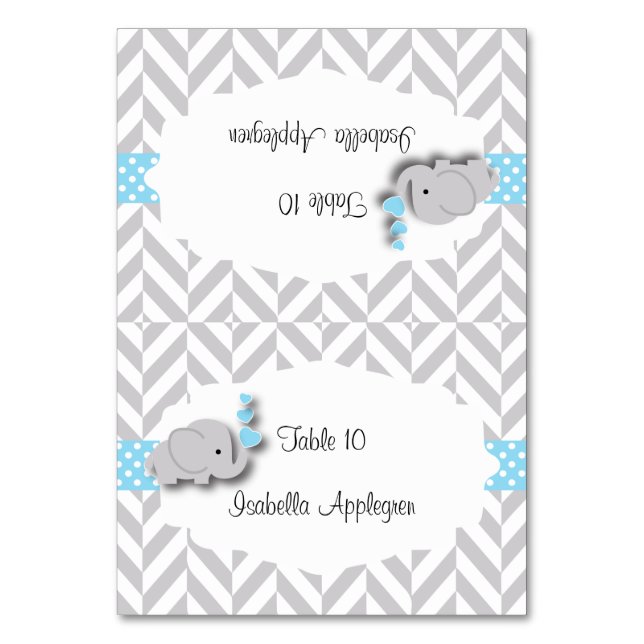 Blue & Gray Elephant Baby Shower | Place Cards (Front)