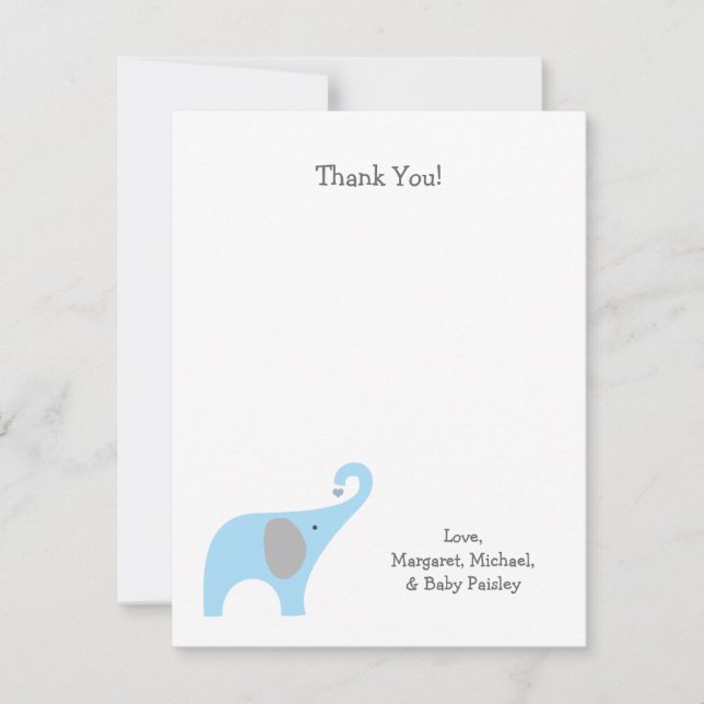 Blue Gray Elephant Baby Shower Thank You Notes (Front)