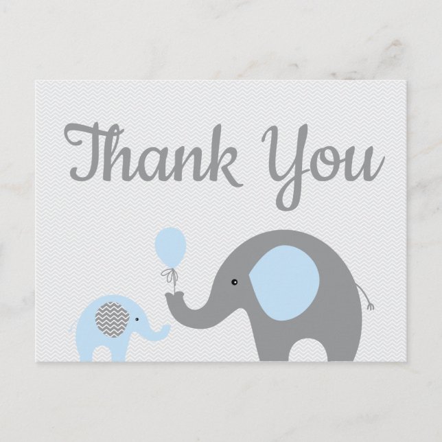 Blue Gray Elephant Baby Shower Thank You Postcard (Front)
