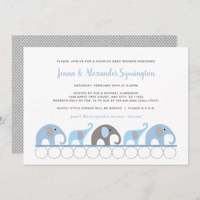 Blue Gray Elephant boy baby shower Invitation (Front/Back)