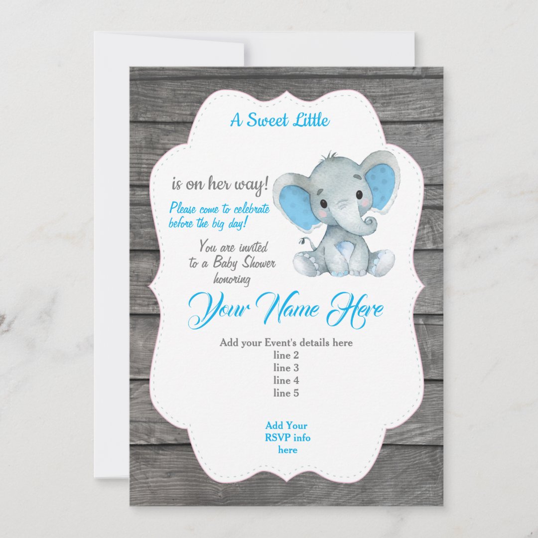 Blue Gray Elephant Invitation Editable | Zazzle