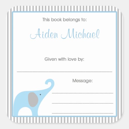 Blue  Gray Elephant Pinstripe Book Plate