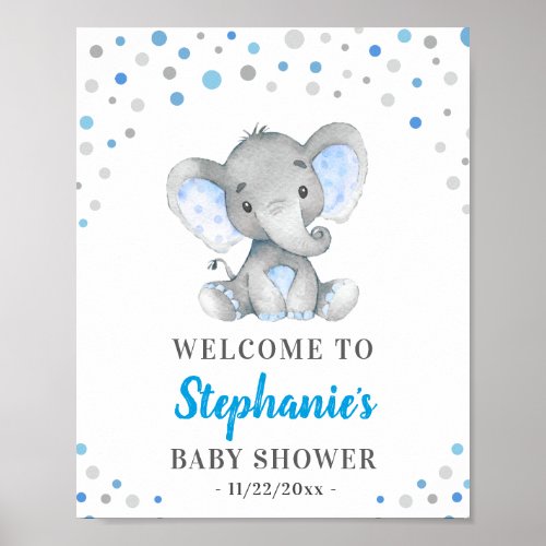 Blue Gray Elephant Polka Dot Baby Shower Welcome Poster