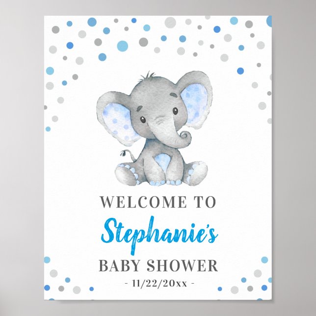 Blue Gray Elephant Polka Dot Baby Shower Welcome Poster (Front)