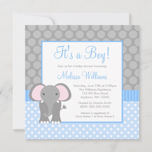 Blue Gray Elephant Polka Dot Boy Baby Shower Invitation