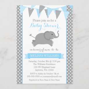 Blue Gray Elephant Polka Dot Bunting Baby Shower Invitation