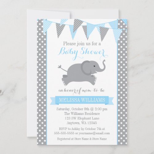 Blue Gray Elephant Polka Dot Bunting Baby Shower Invitation