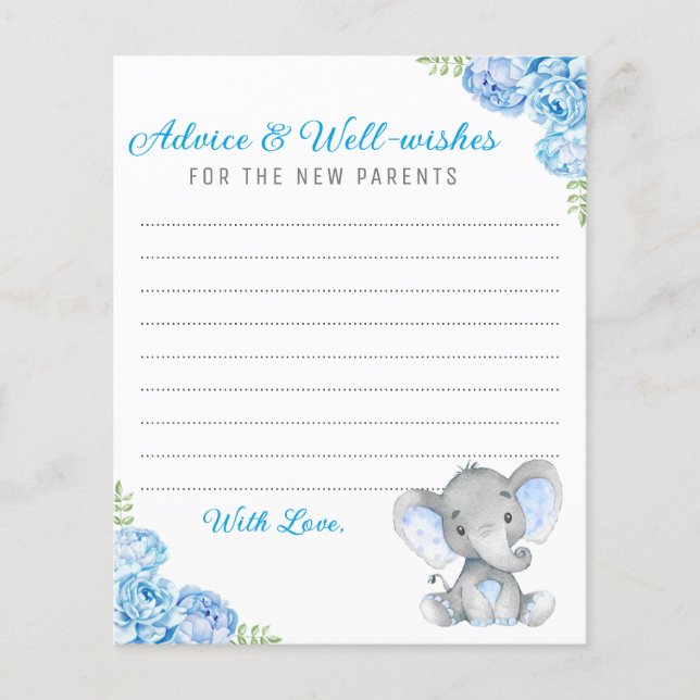 Blue Gray Elephant Shower New Parents Advice Cards (Front)