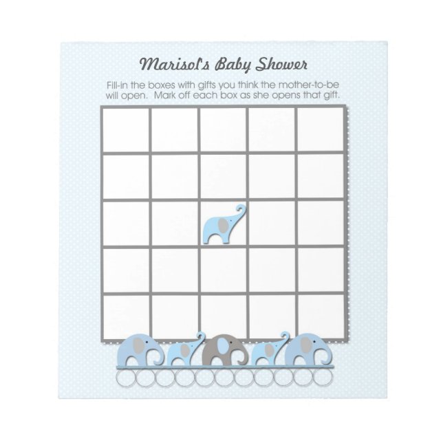 Blue Gray Elephants Baby Shower Bingo Game pad (Front)