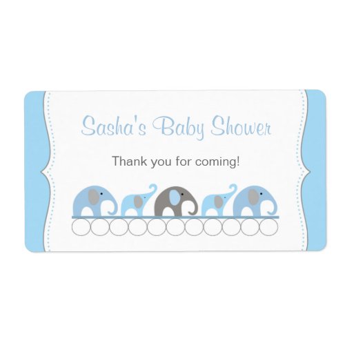 Blue  Gray Elephants Baby Shower Water Bottle Label