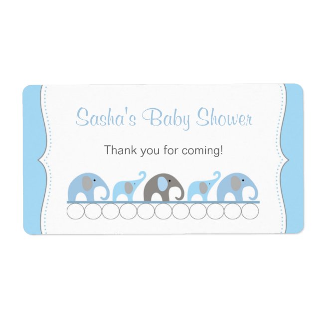 Blue & Gray Elephants Baby Shower Water Bottle Label (Front)