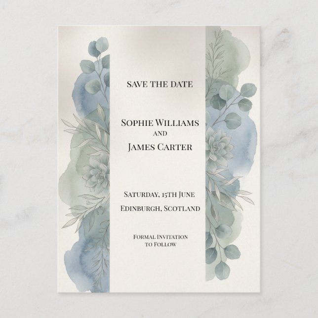 Blue Gray Eucalyptus Save The Date Postcard (Front)