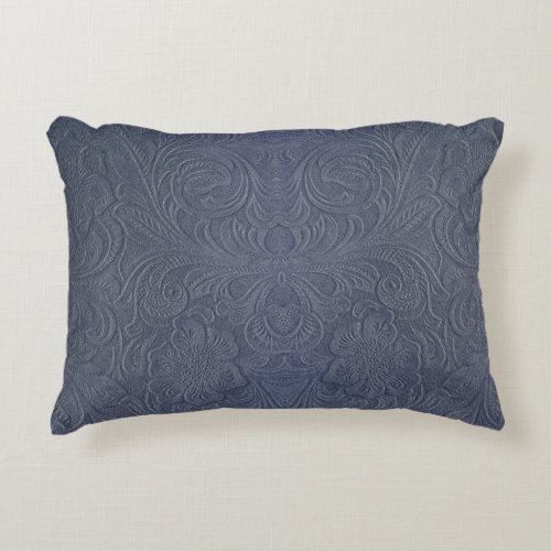 Blue_gray Faux Leather Pattern_Embossed Floral Accent Pillow