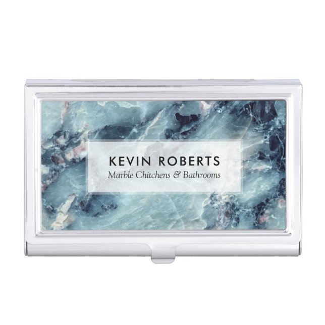 Blue-gray faux marble texture business card case (Front)