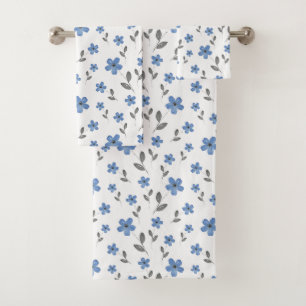 Blue Gray Five Petal Watercolor Flower Pattern Bath Towel Set