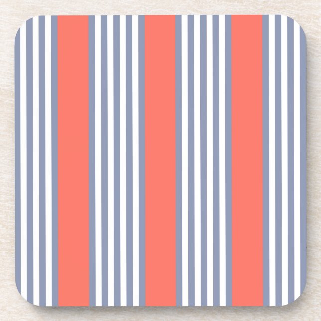 Blue-gray five stripe pattern with living coral beverage coaster (Front)