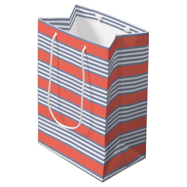 Blue-gray five stripe pattern with living coral medium gift bag (Front Angled)