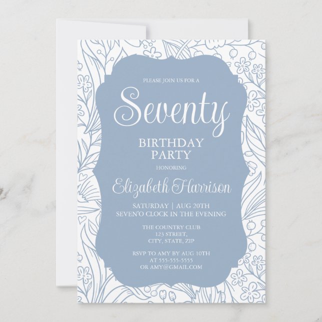 Blue Gray Flora Woman 70th Birthday Party Invitation (Front)